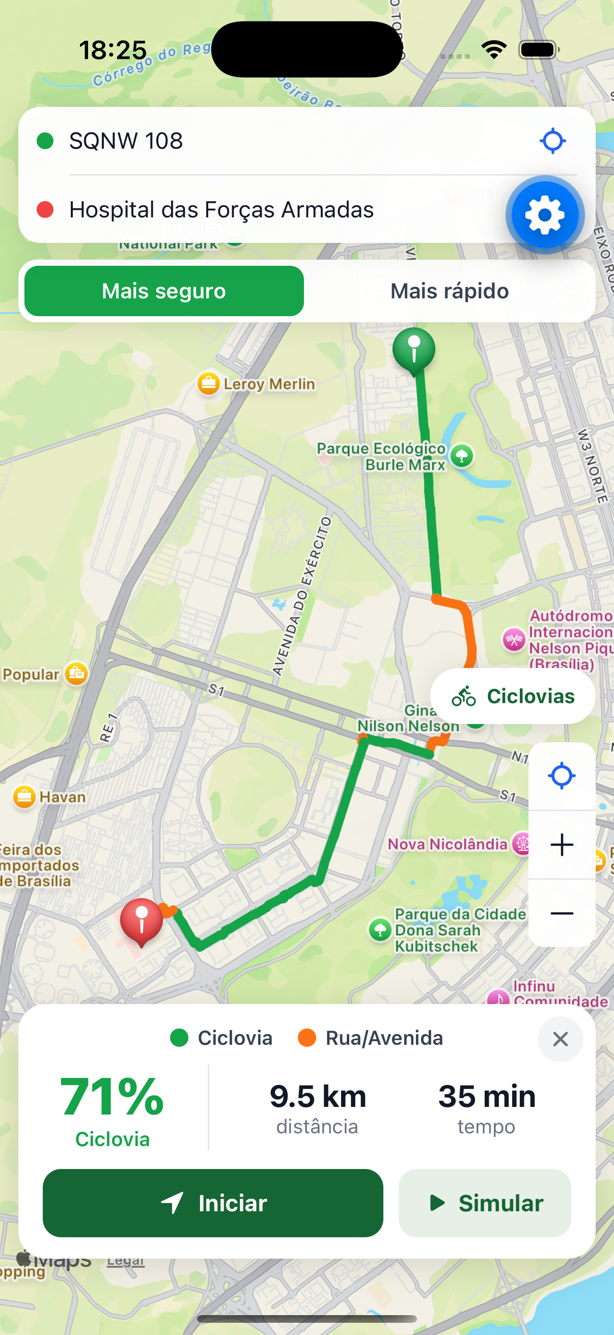 Tela do PedalWay mostrando uma rota em Brasília com 71% do trajeto em ciclovia, no preset Mais seguro.
